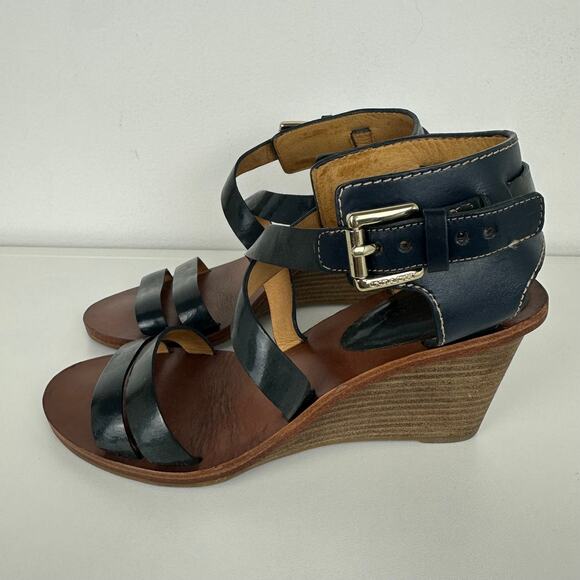 Coach Womens Prue Strappy Wooden Open Round Toe Navy/Brown Heel Wedge Sandals 5B - Picture 2 of 8